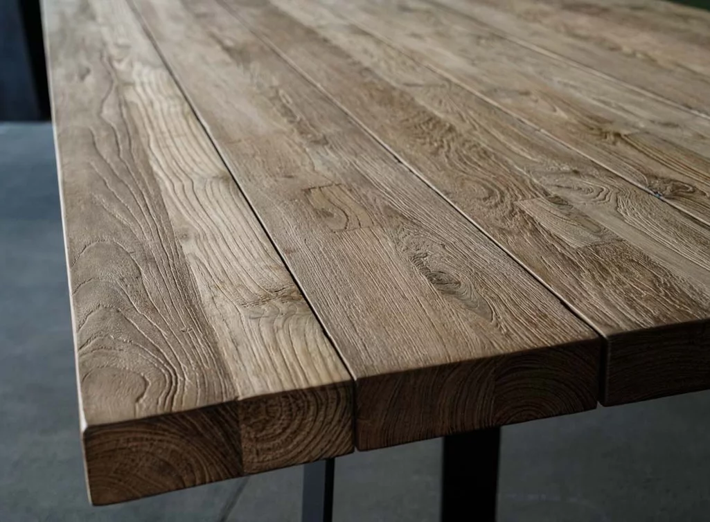 Detailansicht Gartentisch modern aus Massivholz Teak und Metall