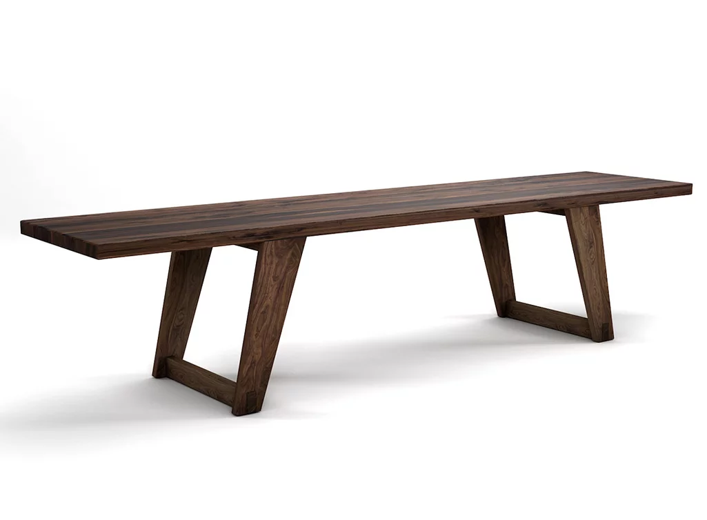 Sitzbank Esszimmer aus Nussbaum mit Astanteil und massiven Holzkufen auf Maß gefertigt.