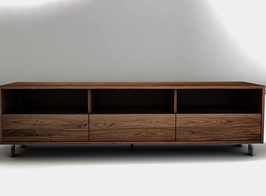 TV Board Massivholz Nussbaum mit drei Schubladen und Mediafächer