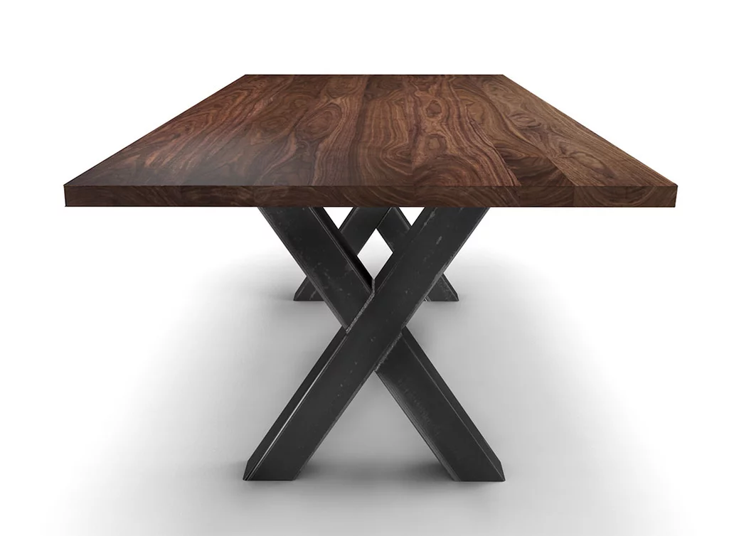 Maßtisch in Nussbaum mit Kreuzgestell aus Eisen Maßtisch in Nussbaum mit Kreuzgestell aus Eisen