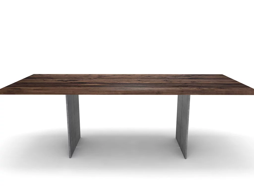 Nussbaum Holztisch massive Stahlwangen mit charaktervollem Astanteil belassen. Nussbaum Holztisch massive Stahlwangen mit charaktervollem Astanteil belassen.