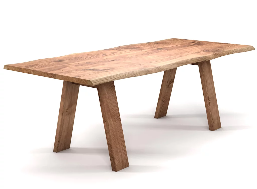 Baumtisch Eiche nach Maß mit Massivholz Tischbeinen schräg Baumtisch Eiche nach Maß mit Massivholz Tischbeinen schräg