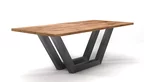 Esstisch Eiche Industriedesign nach Maß mit Stahlkufen in verschiedenen Oberflächen gefertigt.