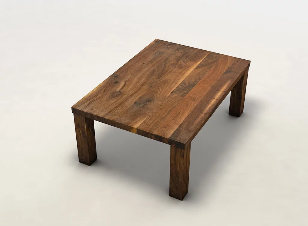 Wohnzimmer-Holztisch mit Couchtischplatte aus charaktervollem Astholz gefertigt Wohnzimmer-Holztisch mit Couchtischplatte aus charaktervollem Astholz gefertigt
