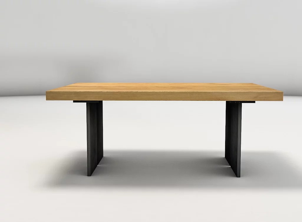 Massiver Couchtisch aus Eiche mit modern designten Tischwangen aus Stahl Massiver Couchtisch aus Eiche mit modern designten Tischwangen aus Stahl