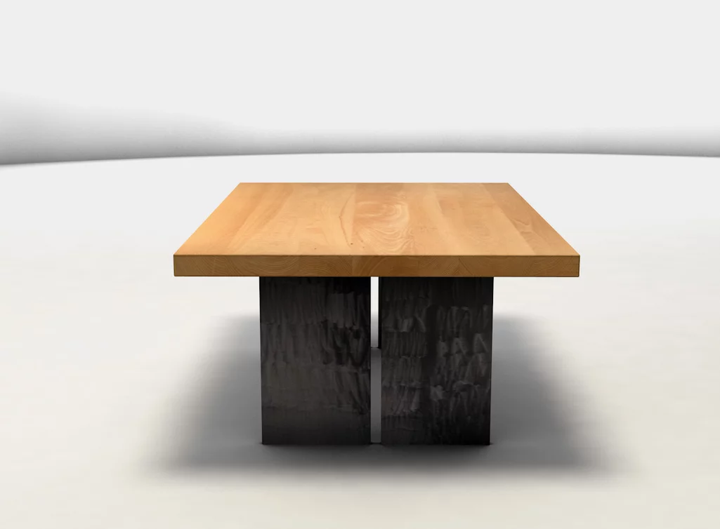Stylischer Couchtisch aus Buchenholz und Stahlwangen in massiver Ausführung gefertigt Stylischer Couchtisch aus Buchenholz und Stahlwangen in massiver Ausführung gefertigt