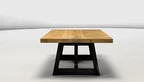 Moderner Couchtisch aus Holz und einem Kufen-Untergestell aus Stahl