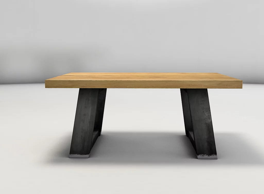 Couchtisch aus Massivholz Eiche mit zwei Stahlkufen in zweiseitiger Schrägstellung Couchtisch aus Massivholz Eiche mit zwei Stahlkufen in zweiseitiger Schrägstellung