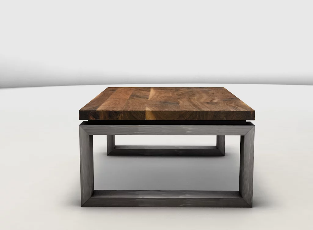 Moderner Couchtisch mit einer Nussbaum Holzplatte und Stahlkufen mit Schattenfuge Moderner Couchtisch mit einer Nussbaum Holzplatte und Stahlkufen mit Schattenfuge