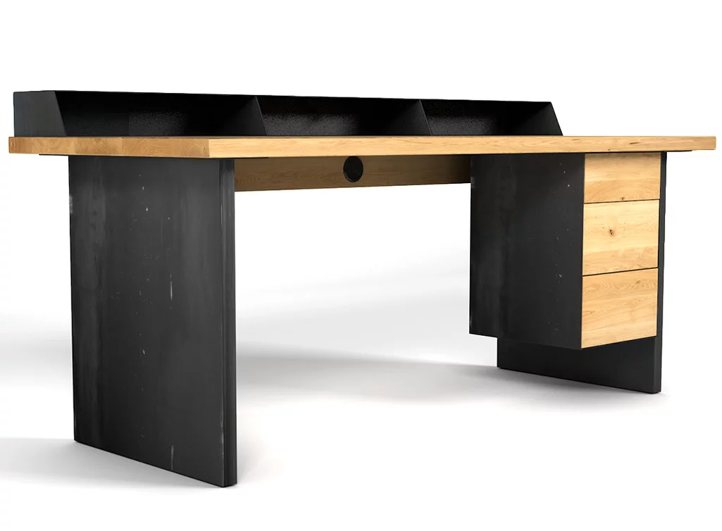 Schreibtisch modular aus Eiche und Stahl im Industriedesign gefertigt. Schreibtisch modular aus Eiche und Stahl im Industriedesign gefertigt.