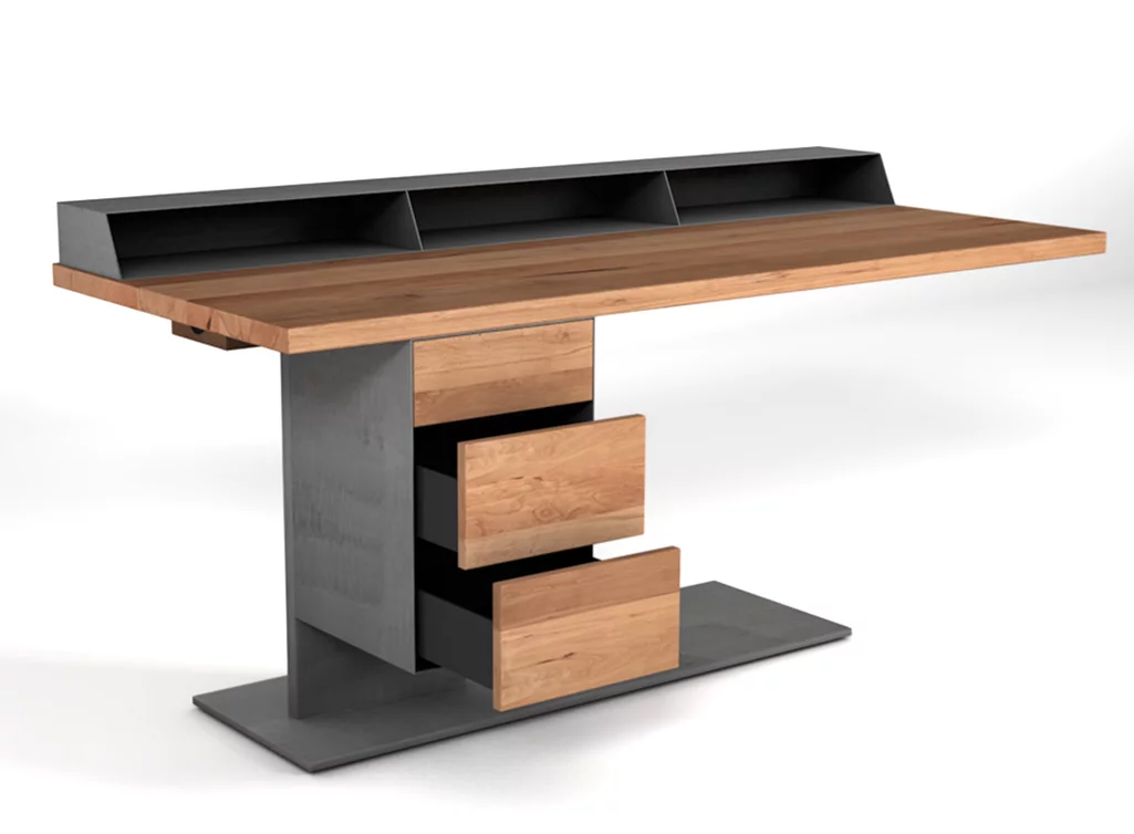 Design Schreibtisch aus Buche mit Astanteil und einem Stahl Mittelfuß nach Maß.