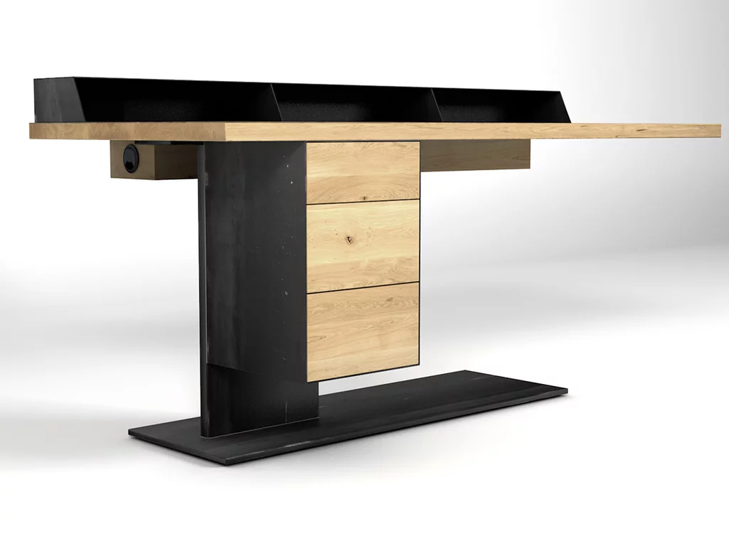 Schreibtisch aus Holz mit purem Stahl kombiniert Schreibtisch aus Holz mit purem Stahl kombiniert